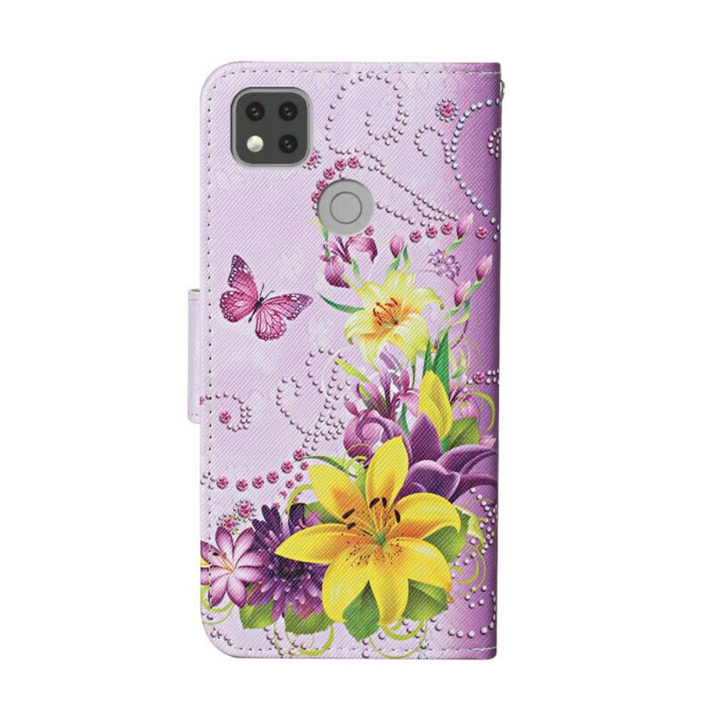 Lederhüllen Für Xiaomi Redmi 9C Mit Kordel Schmetterlinge Und Südliche Blumen Riemchen