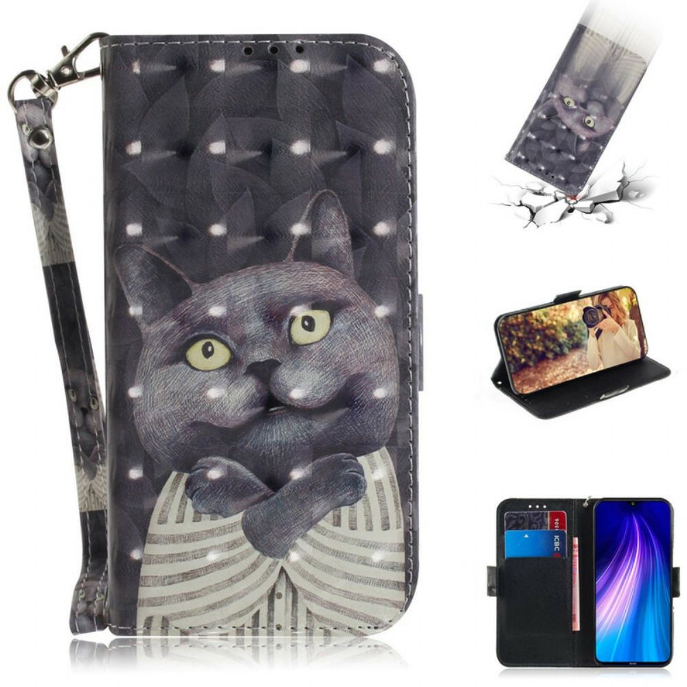 Flip Case Für Xiaomi Redmi Note 8 Mit Kordel Graue Riemchenkatze