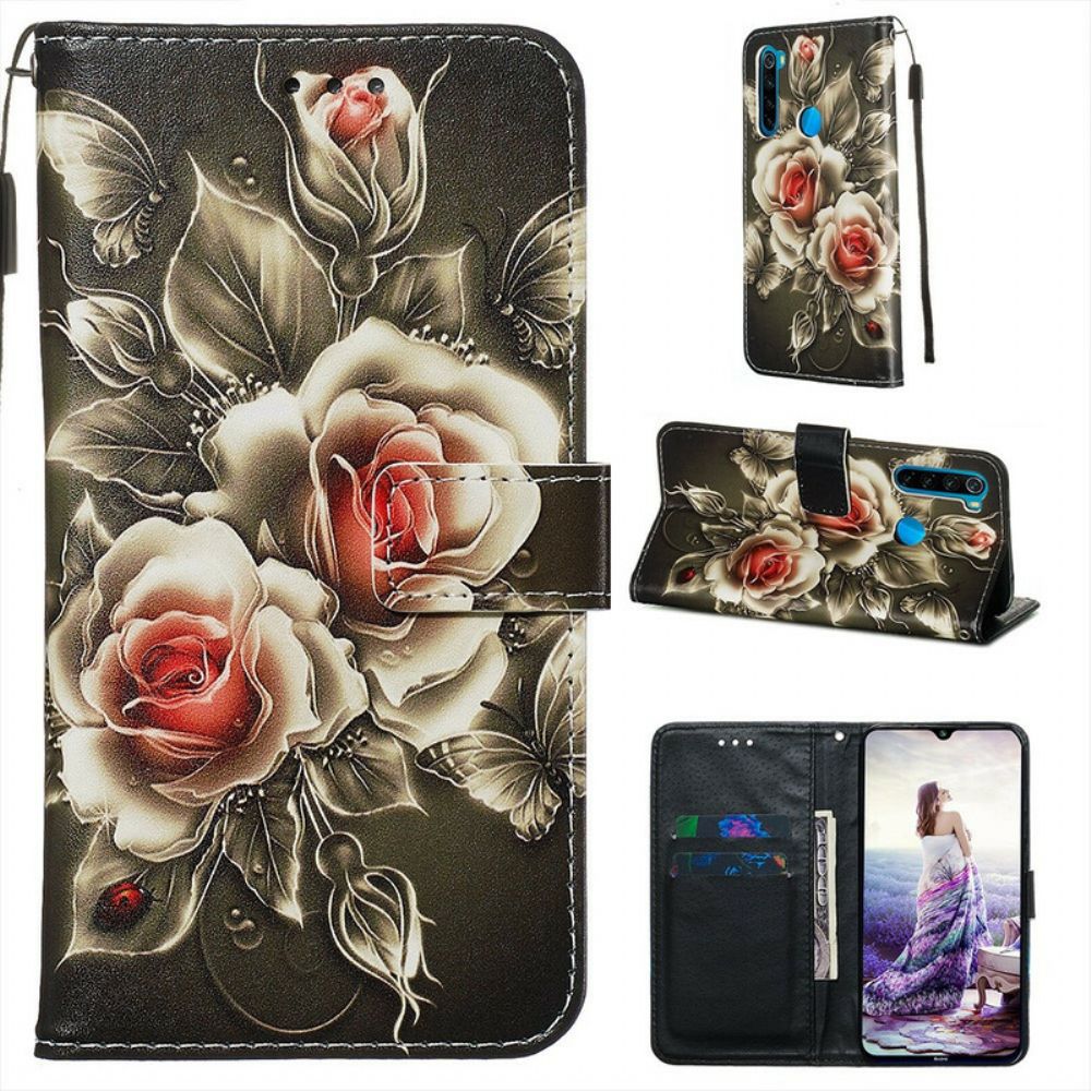 Flip Case Für Xiaomi Redmi Note 8 Mit Kordel Schwarze Rose Mit Riemen