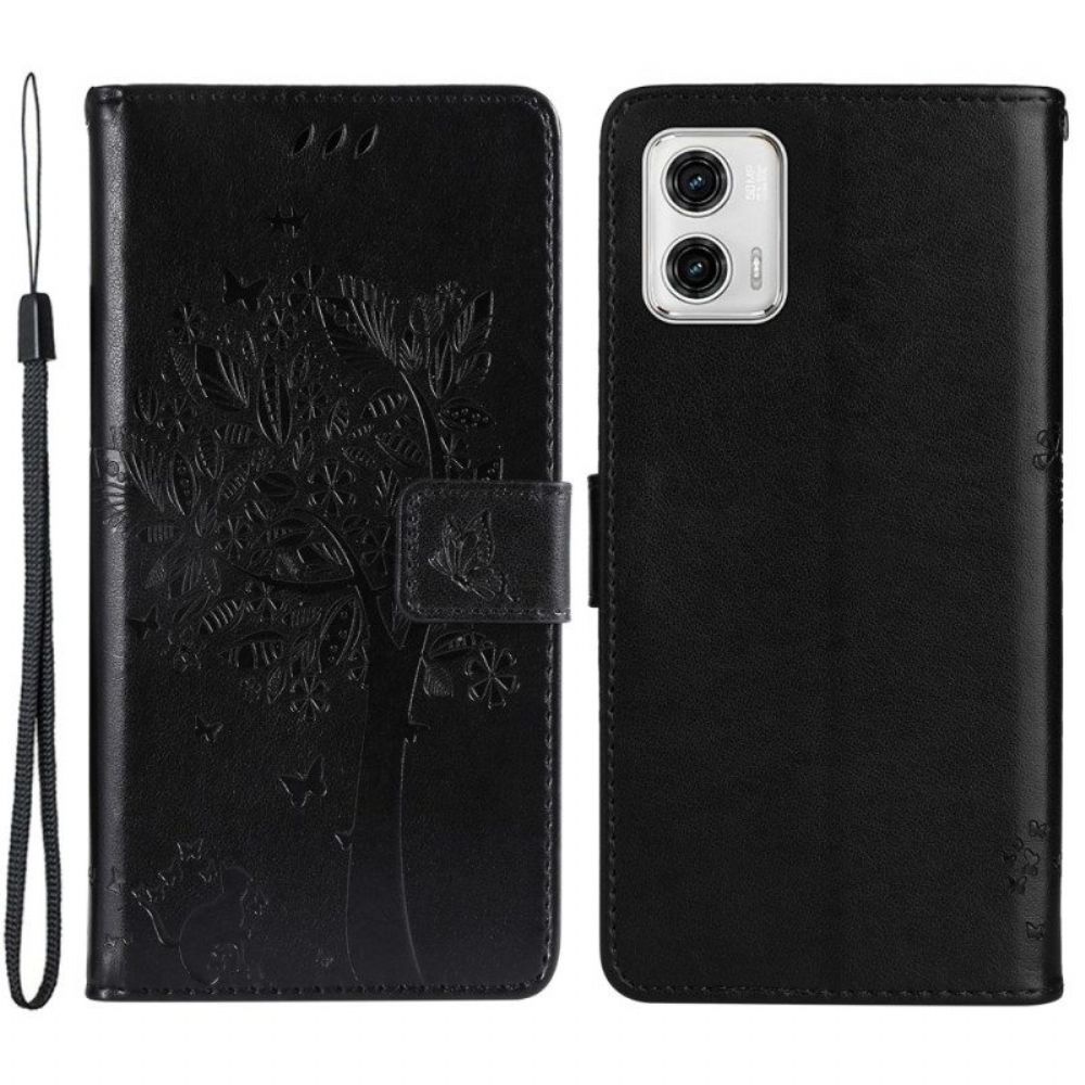 Flip Case Für Moto G73 5G Mit Kordel Baum Und Riemchenkatze