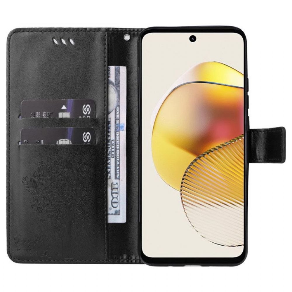 Flip Case Für Moto G73 5G Mit Kordel Baum Und Riemchenkatze