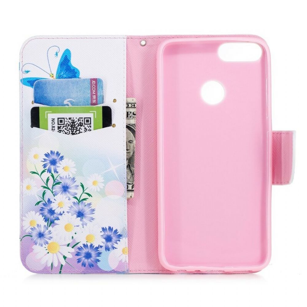 Lederhüllen Für Huawei P Smart Gemalte Schmetterlinge Und Blumen