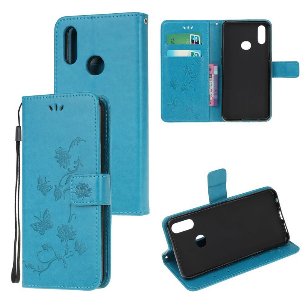 Lederhüllen Für Samsung Galaxy A10s Mit Kordel Tanga Schmetterlinge Und Blumen