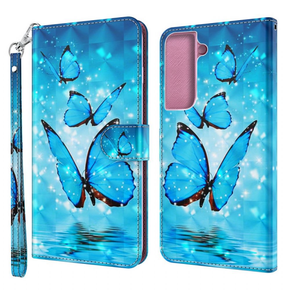 Flip Case Für Samsung Galaxy S22 Plus 5G Mit Kordel Blaue Riemenschmetterlinge