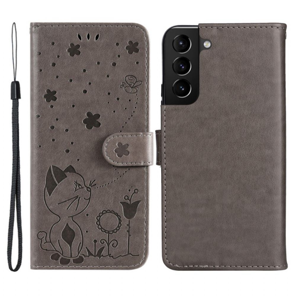 Flip Case Für Samsung Galaxy S22 Plus 5G Mit Kordel Katze Und Biene Mit Riemen