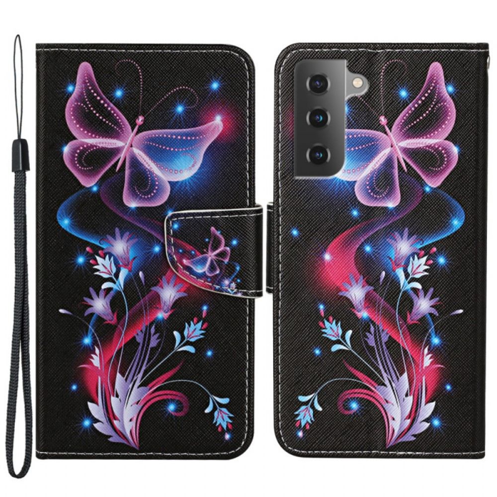 Flip Case Für Samsung Galaxy S22 Plus 5G Schmetterlinge Und Lanyard