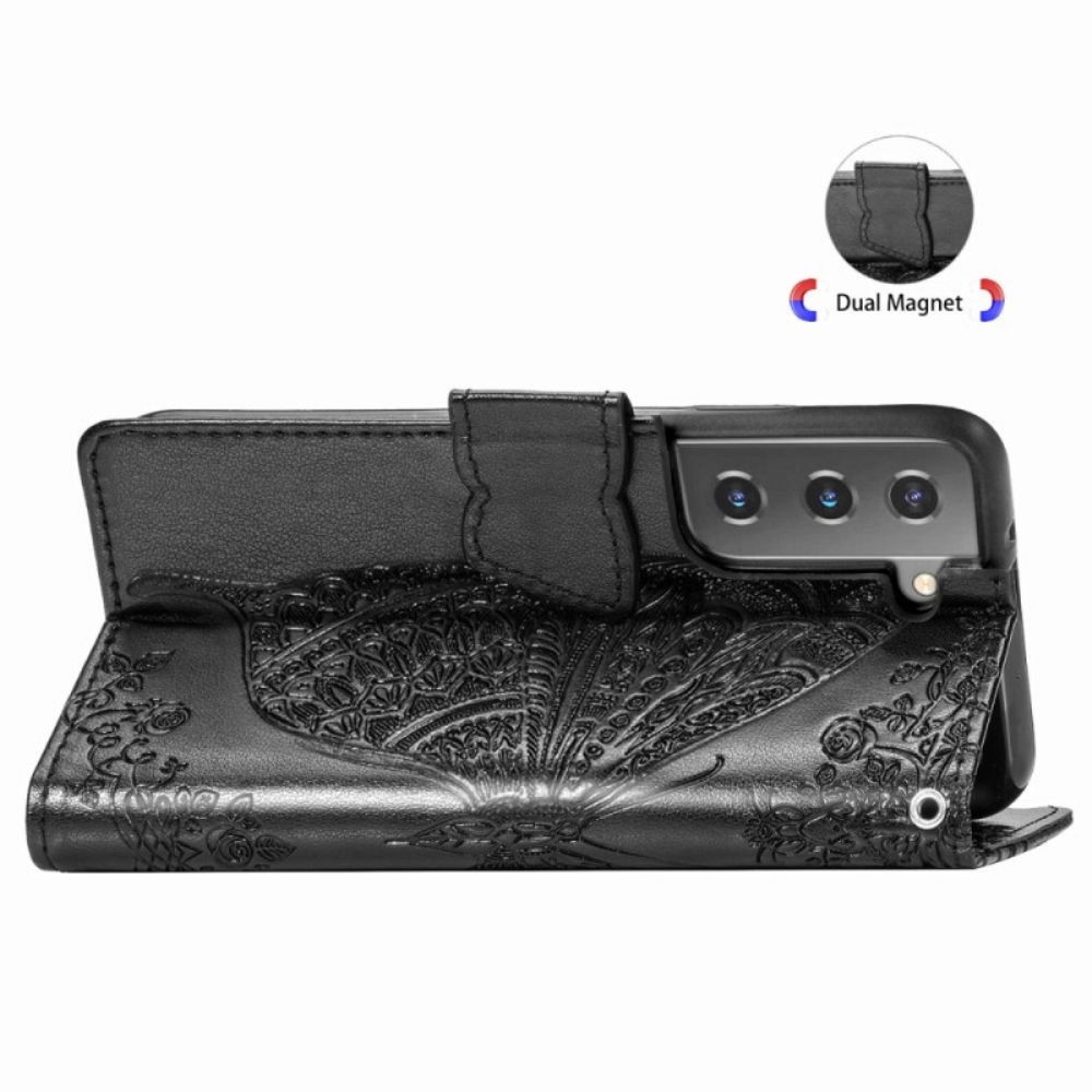Lederhüllen Für Samsung Galaxy S22 Plus 5G Schmetterlingsdesign Mit Lanyard