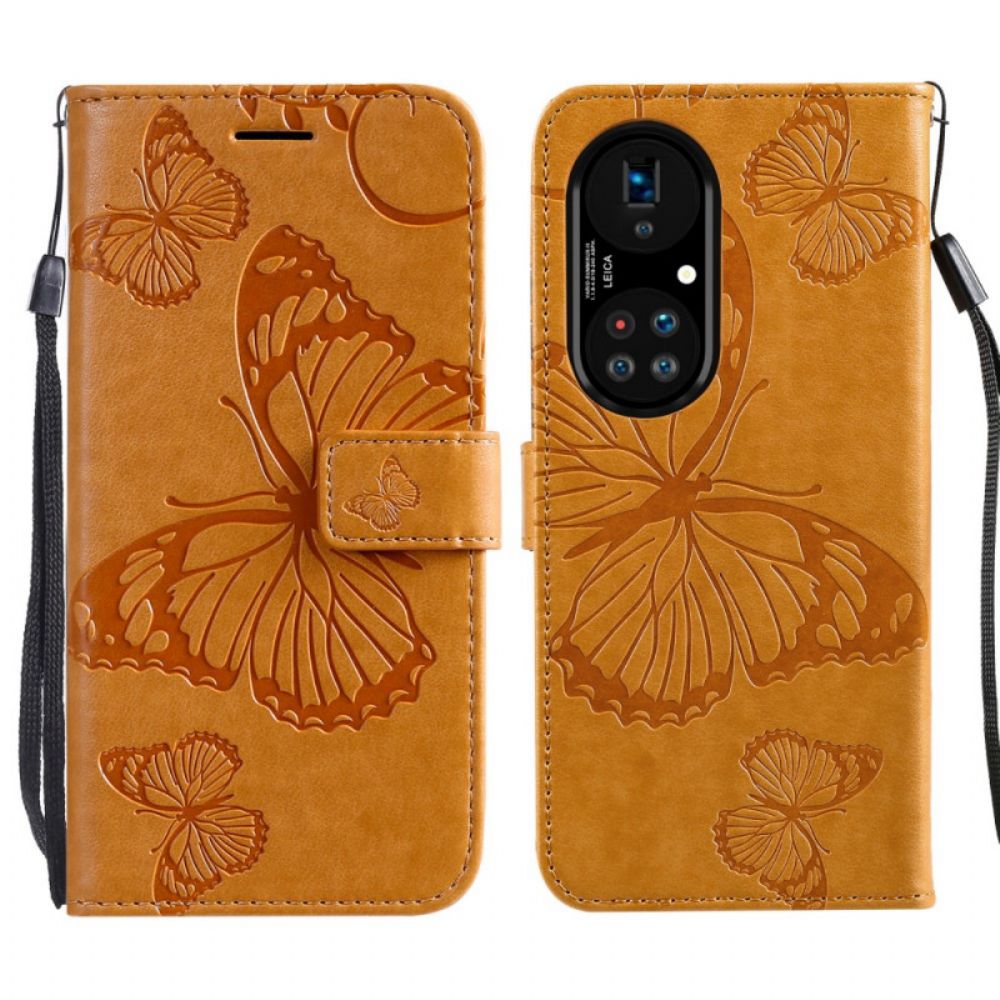 Flip Case Für Huawei P50 Pro Mit Kordel Riesige Riemchen-schmetterlinge