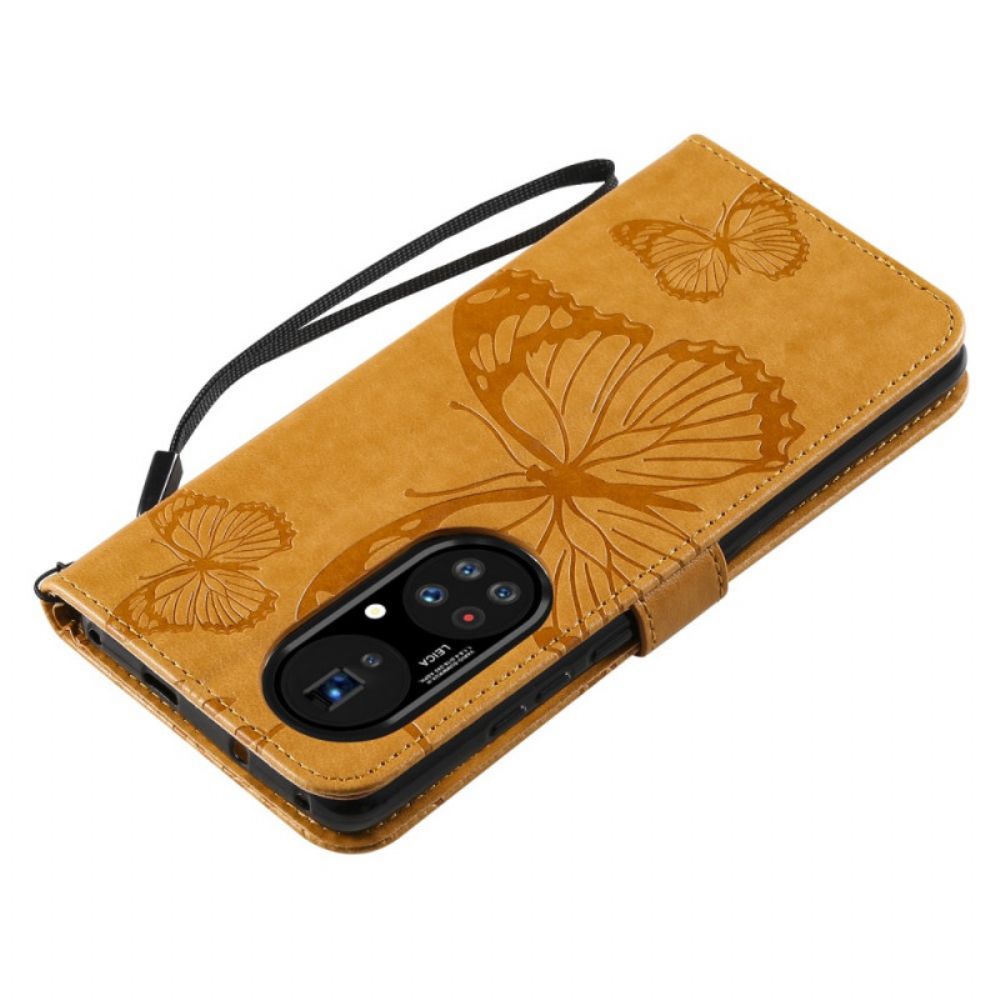 Flip Case Für Huawei P50 Pro Mit Kordel Riesige Riemchen-schmetterlinge