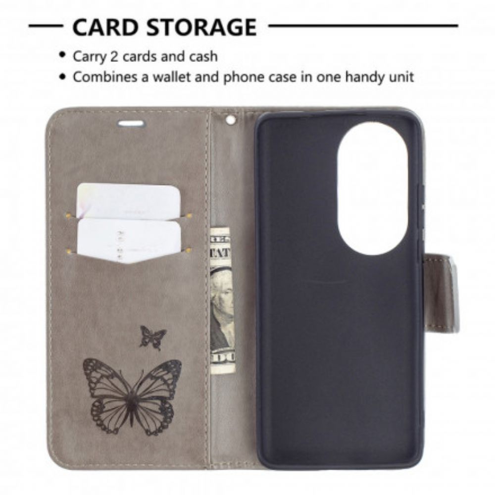 Lederhüllen Für Huawei P50 Pro Flip Case Schmetterlinge Und Schräge Klappe