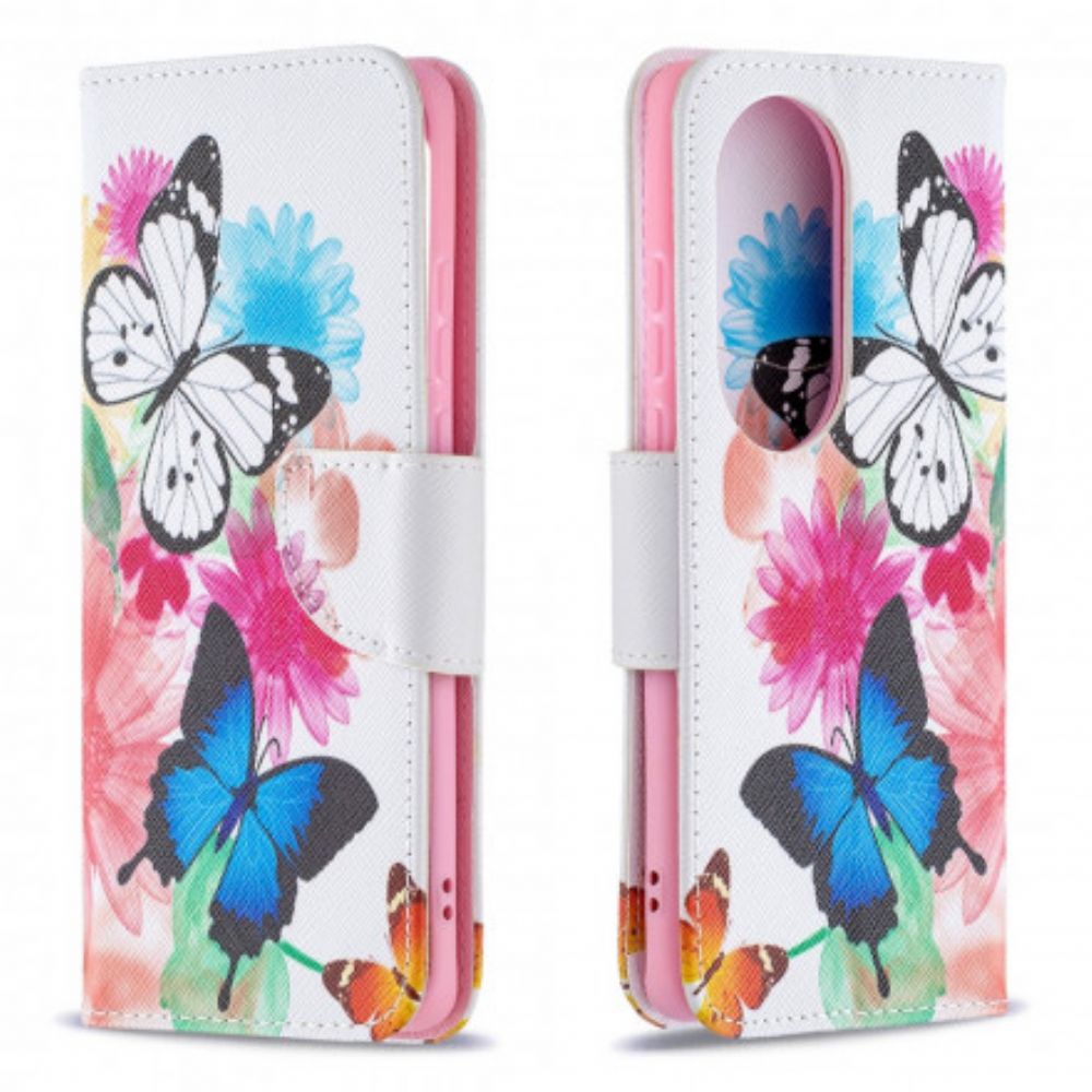 Lederhüllen Für Huawei P50 Pro Gemalte Schmetterlinge Und Blumen
