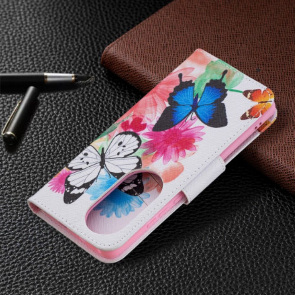 Lederhüllen Für Huawei P50 Pro Gemalte Schmetterlinge Und Blumen
