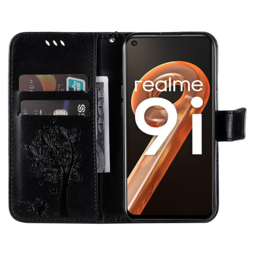 Lederhüllen Für Realme 9i Mit Kordel Baum Und Riemchenkatze