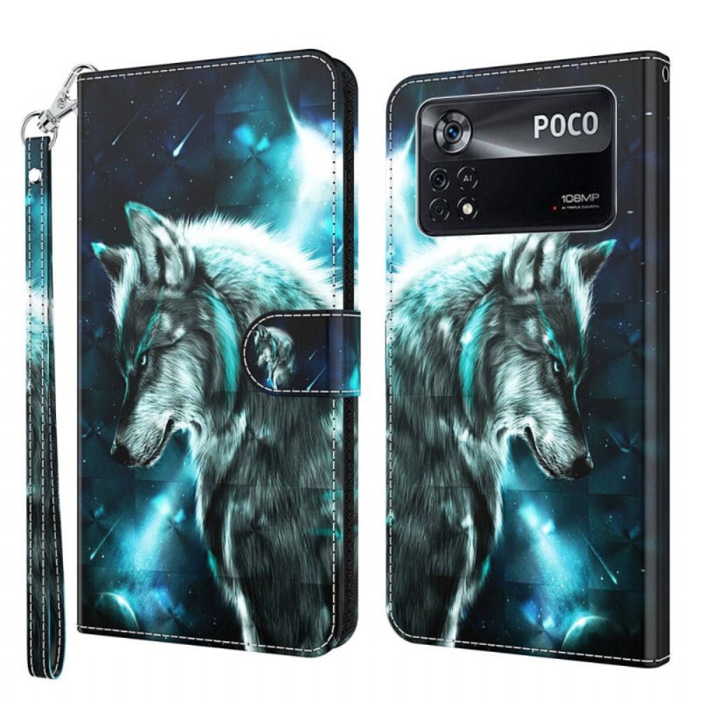 Flip Case Für Poco X4 Pro 5G Mit Kordel Angeschnallter Wolf