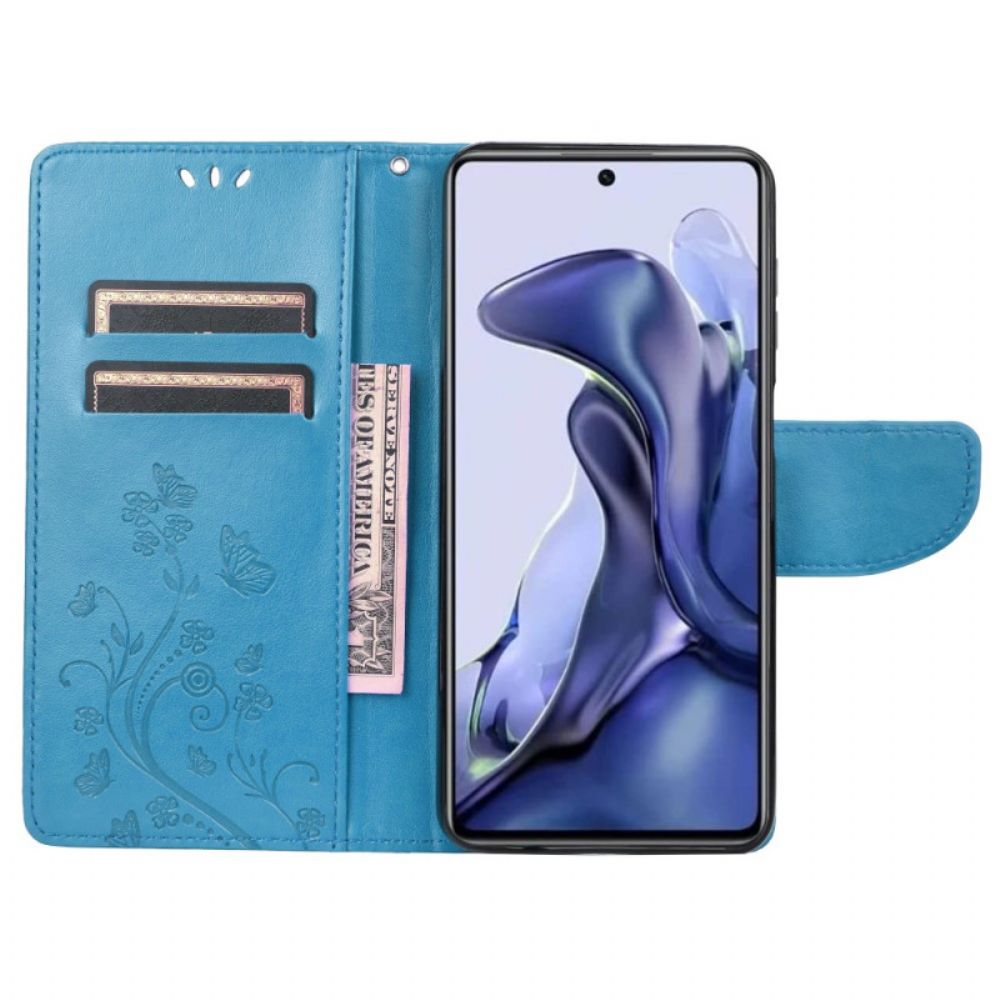 Flip Case Für Poco X4 Pro 5G Mit Kordel Tanga Blumenschmetterlinge