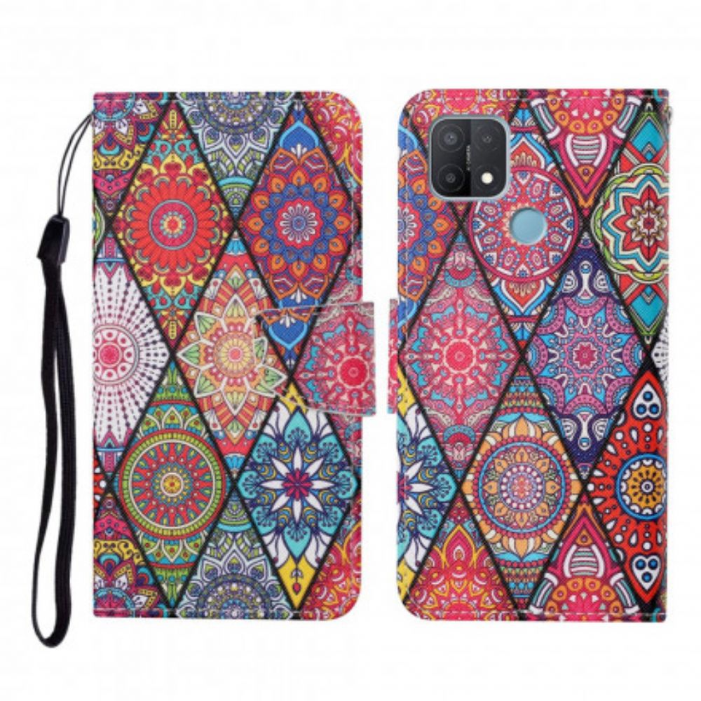 Lederhüllen Für Oppo A15 Patchwork Mit Lanyard