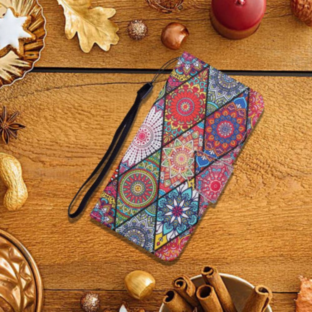 Lederhüllen Für Oppo A15 Patchwork Mit Lanyard