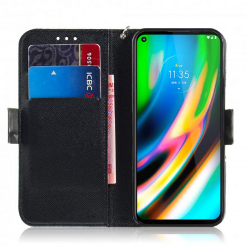 Lederhüllen Für Moto G9 Plus Mit Kordel Graue Riemchenkatze