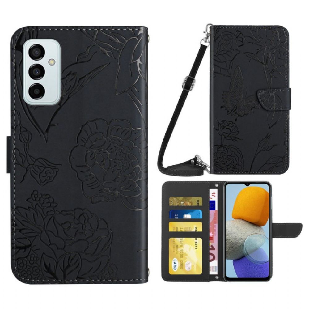 Lederhüllen Für Samsung Galaxy M23 5G Dezente Schmetterlinge Und Schulterriemen