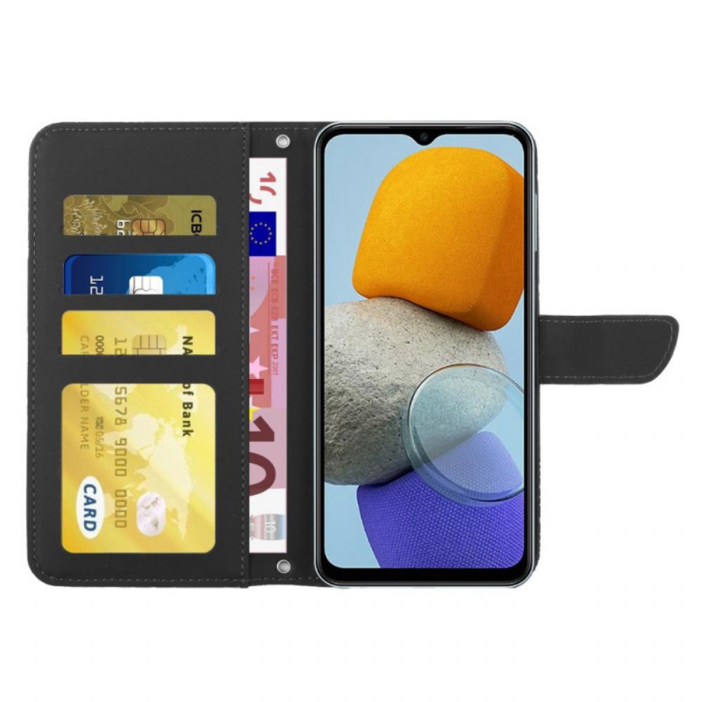 Lederhüllen Für Samsung Galaxy M23 5G Dezente Schmetterlinge Und Schulterriemen