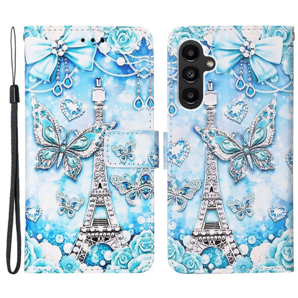 Lederhüllen Für Samsung Galaxy A15 Eiffelturm Und Schmetterlinge Mit Riemen