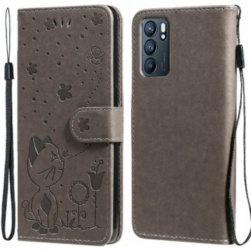Lederhüllen Für Oppo Reno 6 5G Mit Kordel Katze Und Biene Mit Riemen