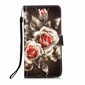 Lederhüllen Für Poco M3 Mit Kordel Schwarze Rose Mit Riemen
