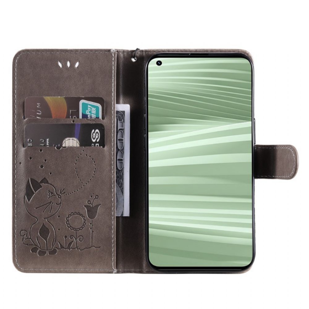 Flip Case Für Realme GT2 Pro Mit Kordel Katze Und Bienen Im Tragegurt