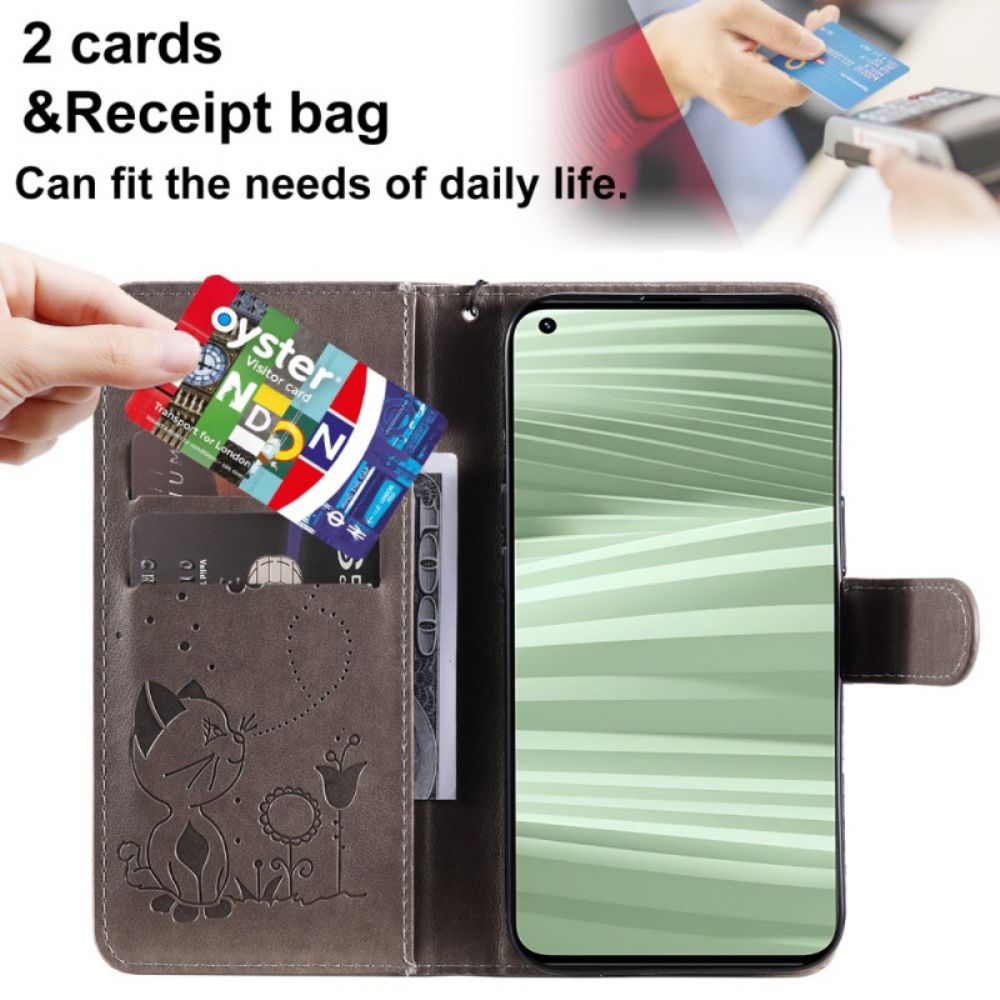 Flip Case Für Realme GT2 Pro Mit Kordel Katze Und Bienen Im Tragegurt
