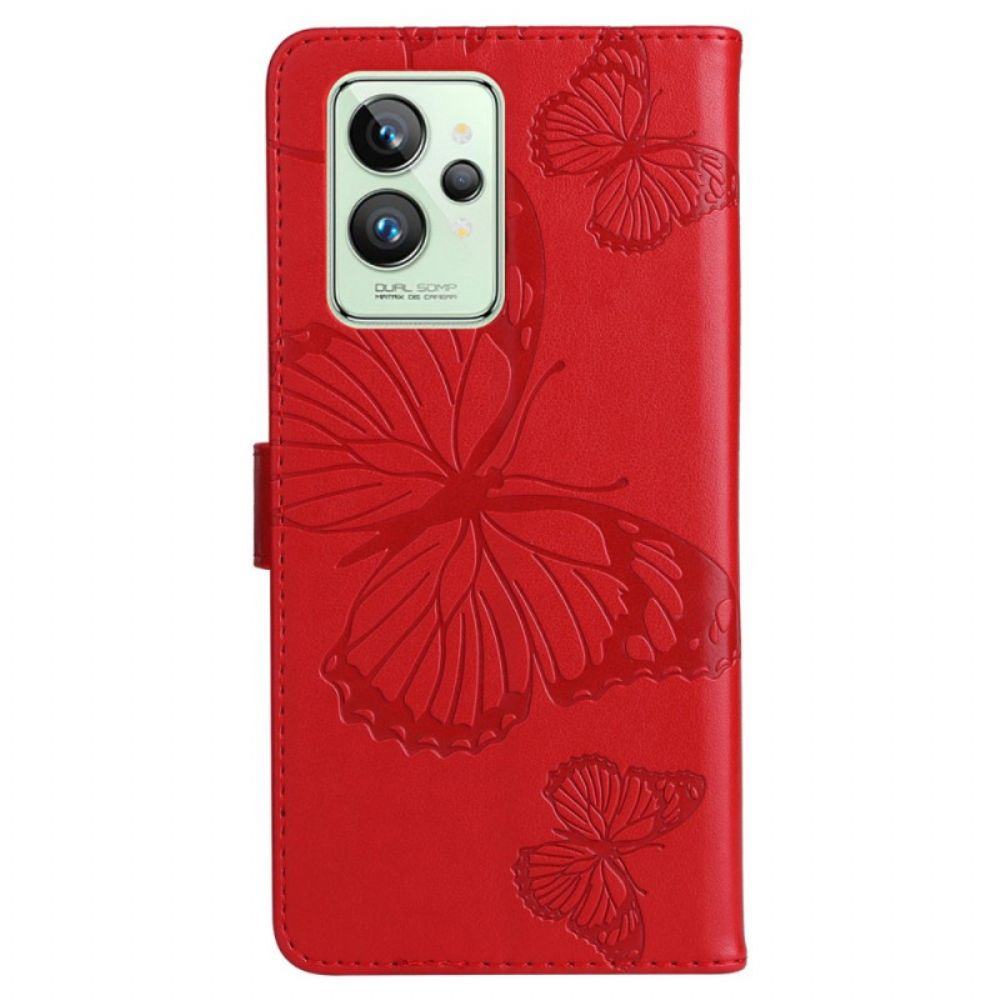Flip Case Für Realme GT2 Pro Mit Kordel Riesige Riemchen-schmetterlinge