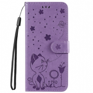 Lederhüllen Für OnePlus Nord 2T 5G Mit Kordel Katze Und Biene Mit Lanyard-kartenhalter