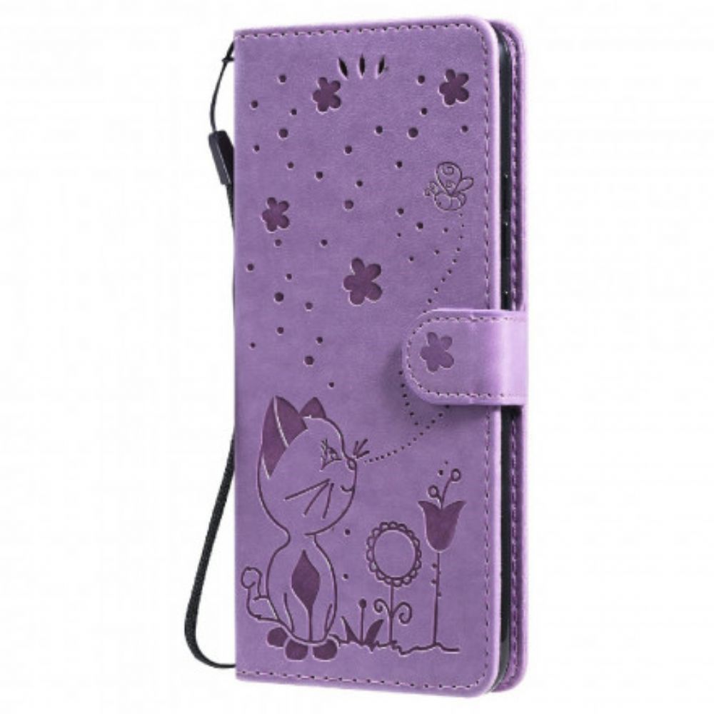 Flip Case Für Realme C21 Mit Kordel Katze Und Biene Mit Riemen