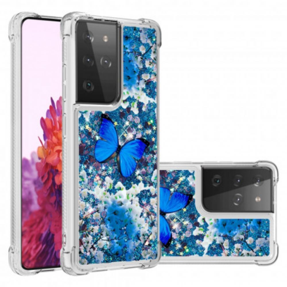 Hülle Für Samsung Galaxy S21 Ultra 5G Blaue Glitzerschmetterlinge