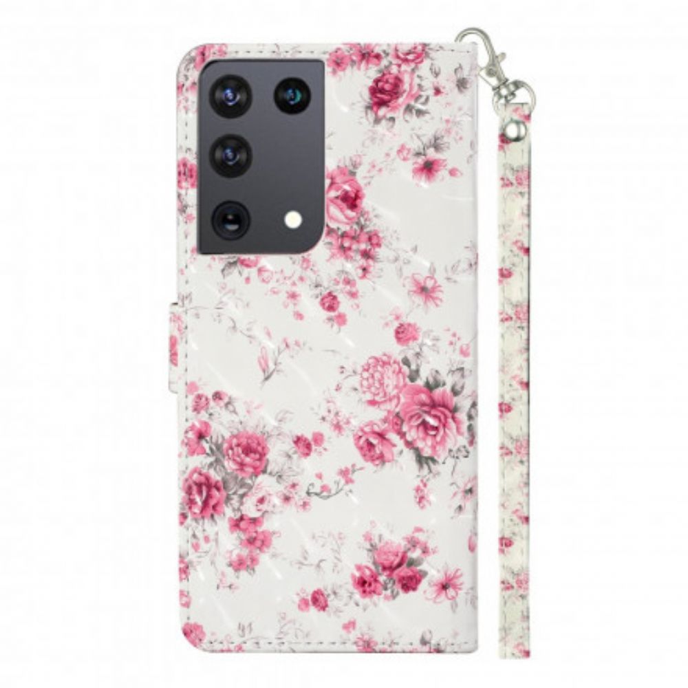 Lederhüllen Für Samsung Galaxy S21 Ultra 5G Mit Kordel Riemen Lichtpunkt Blumen