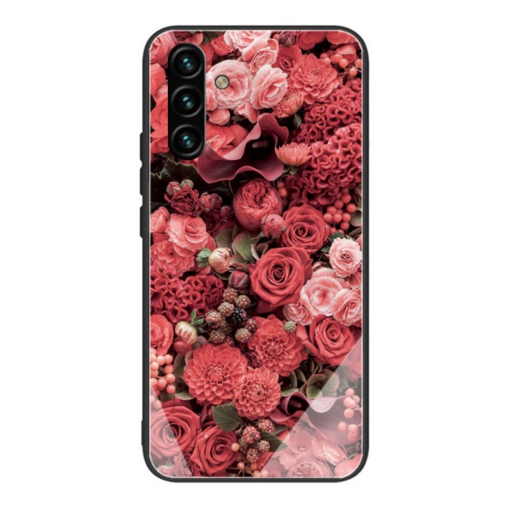 Handyhülle Für Samsung Galaxy A13 5G Rosa Blumen Aus Gehärtetem Glas