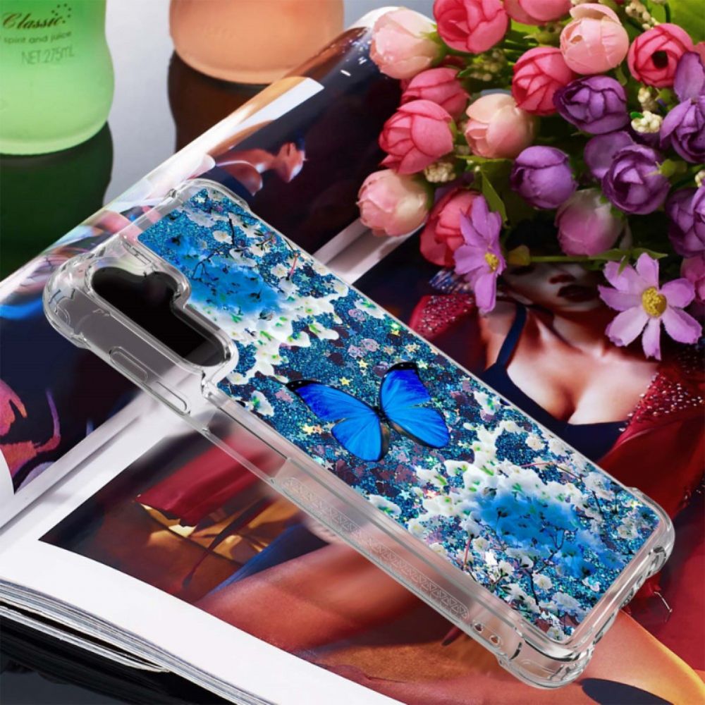 Hülle Für Samsung Galaxy A13 5G Blaue Glitzerschmetterlinge