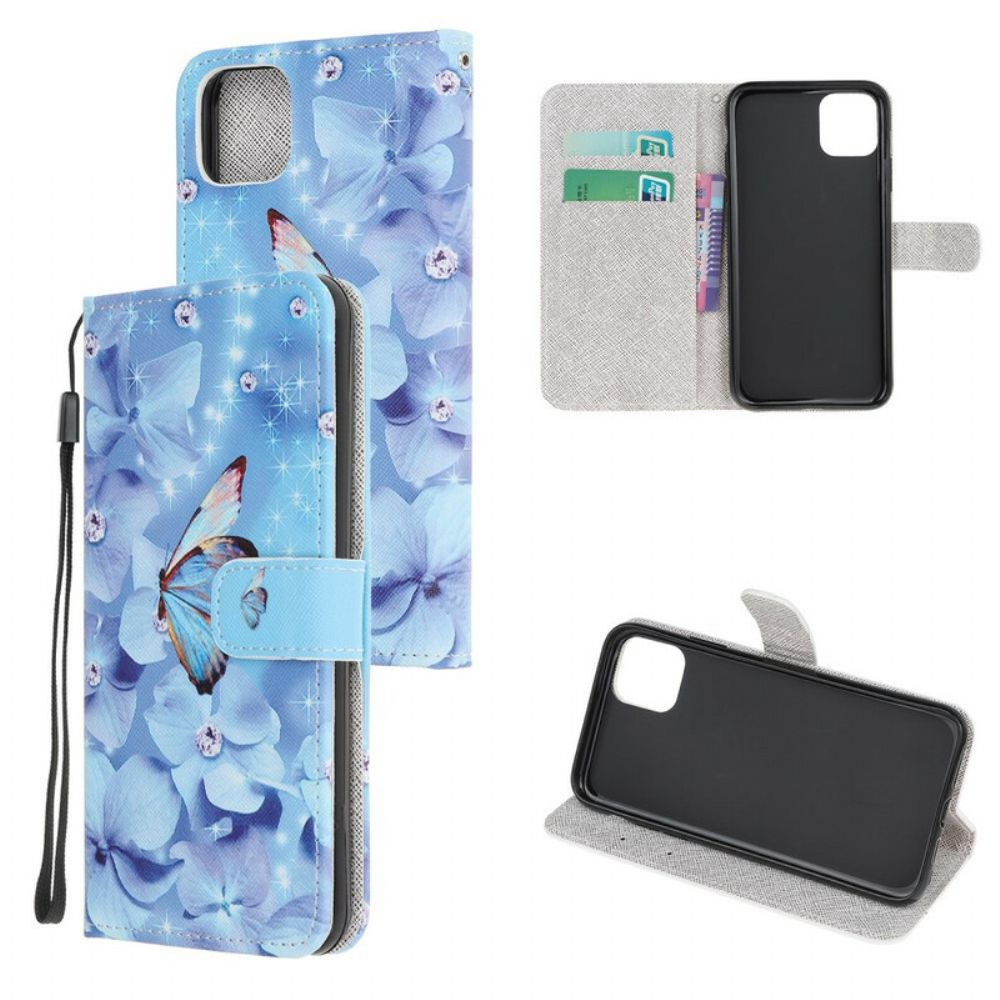 Lederhüllen Für iPhone 12 Mini Mit Kordel Riemchen Raute Schmetterlinge