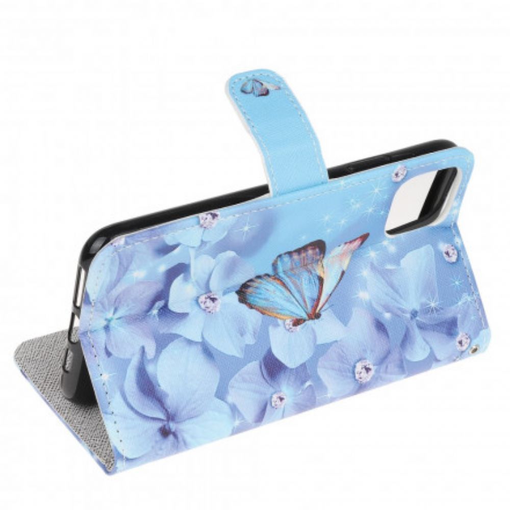 Flip Case Für Samsung Galaxy A22 5G Mit Kordel Diamantband Schmetterlinge