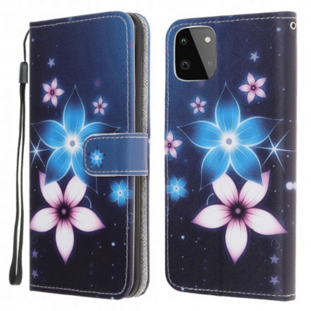 Flip Case Für Samsung Galaxy A22 5G Mit Kordel Mondblumenband