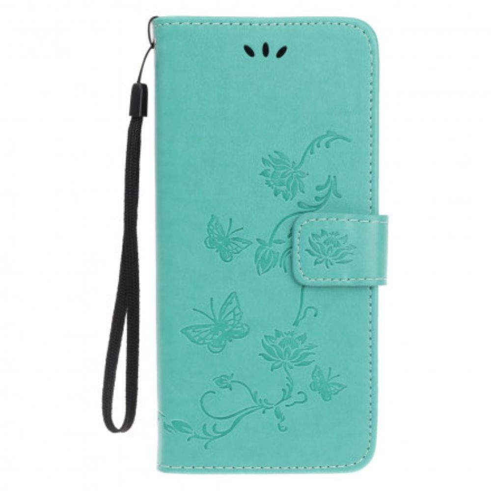 Flip Case Für Samsung Galaxy A22 5G Mit Kordel Tanga Schmetterlinge Und Blumen