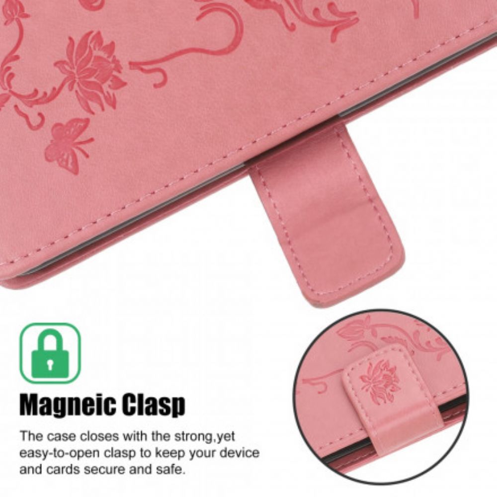 Flip Case Für Samsung Galaxy A22 5G Mit Kordel Tanga Schmetterlinge Und Blumen