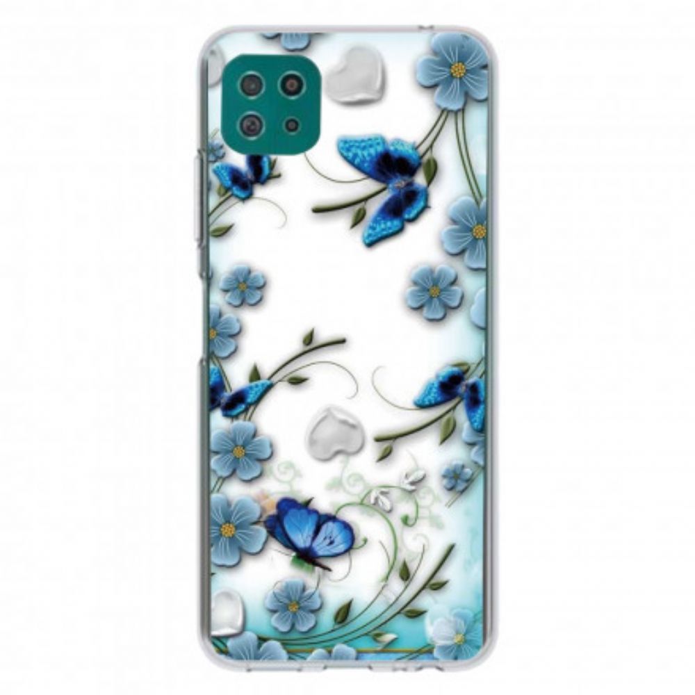 Handyhülle Für Samsung Galaxy A22 5G Transparente Retro-schmetterlinge Und Blumen