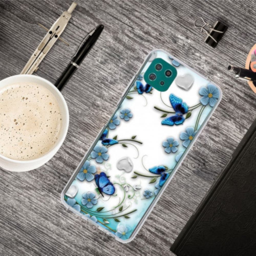 Handyhülle Für Samsung Galaxy A22 5G Transparente Retro-schmetterlinge Und Blumen
