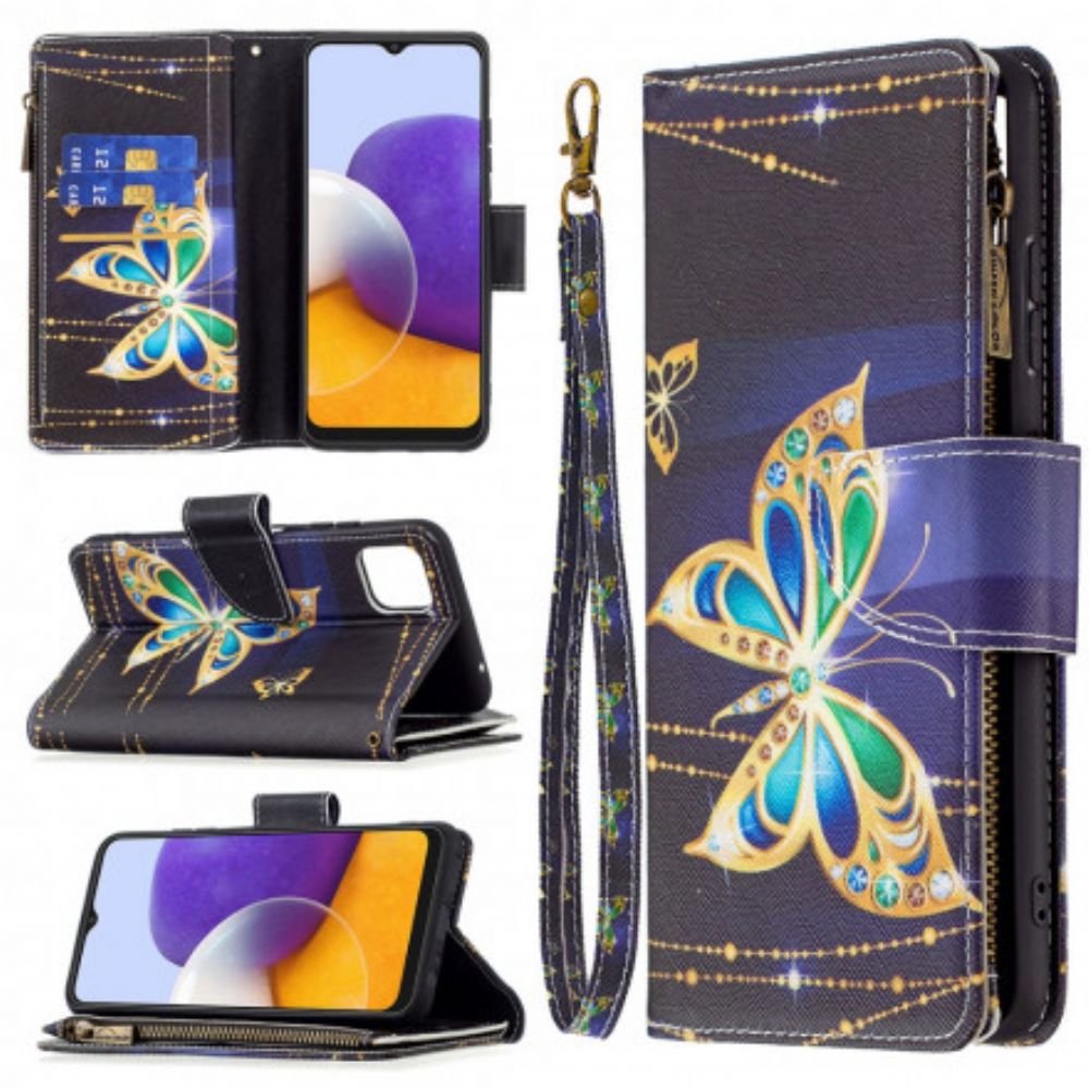 Lederhüllen Für Samsung Galaxy A22 5G Butterflies Art Reißverschlusstasche