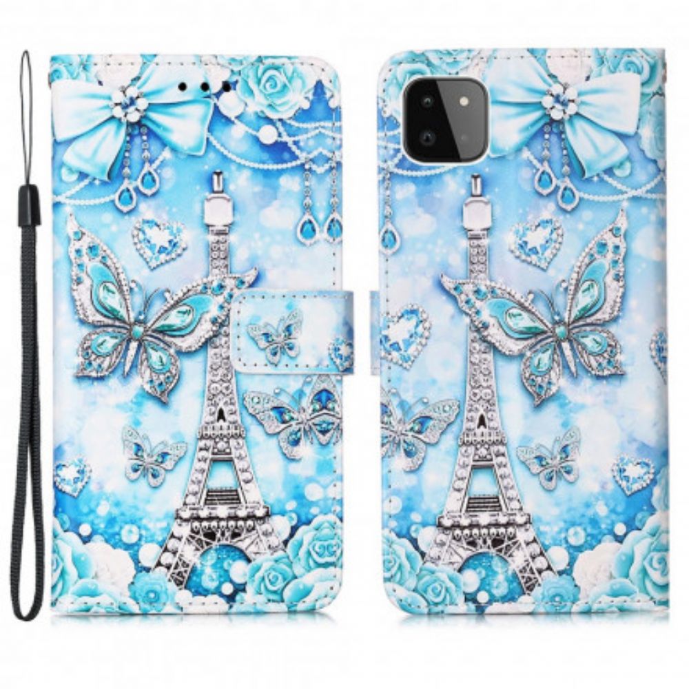 Lederhüllen Für Samsung Galaxy A22 5G Mit Kordel Eiffelturm-schmetterlinge Mit Riemen