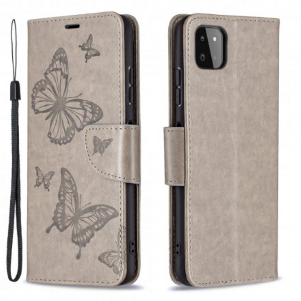 Lederhüllen Für Samsung Galaxy A22 5G Schmetterlinge Im Flug Mit Lanyard