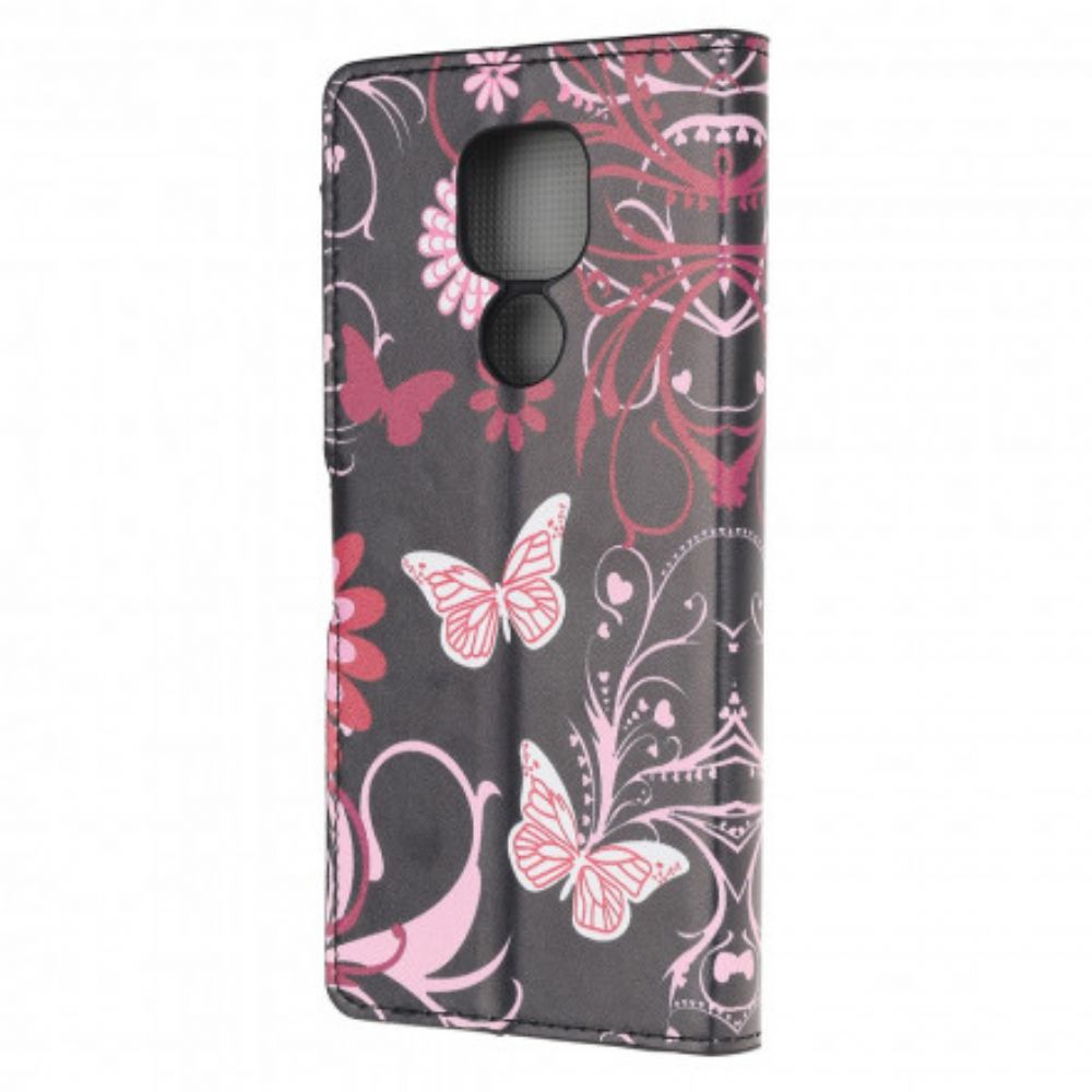 Flip Case Für Moto G9 Play Schmetterlinge Und Blumen