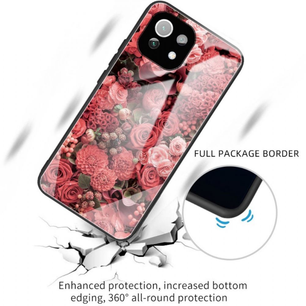 Hülle Für Xiaomi Mi 11 Lite 5G NE / Mi 11 Lite 4G / 5G Rosa Blumen Aus Gehärtetem Glas