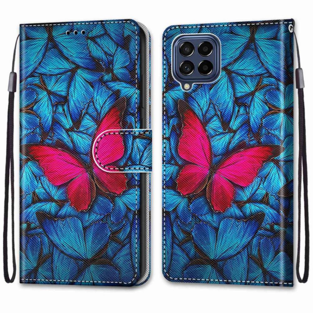 Lederhüllen Für Samsung Galaxy M53 5G Roter Schmetterling Auf Blauem Hintergrund