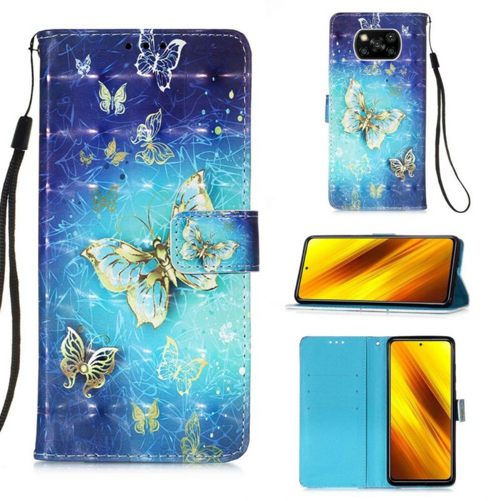 Lederhüllen Für Poco X3 / X3 Pro / X3 NFC Goldene Schmetterlinge